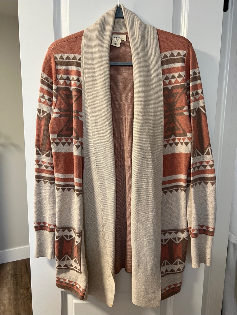 Open-Front Shawl Collar Cardigan Sweater - Rust & Beige